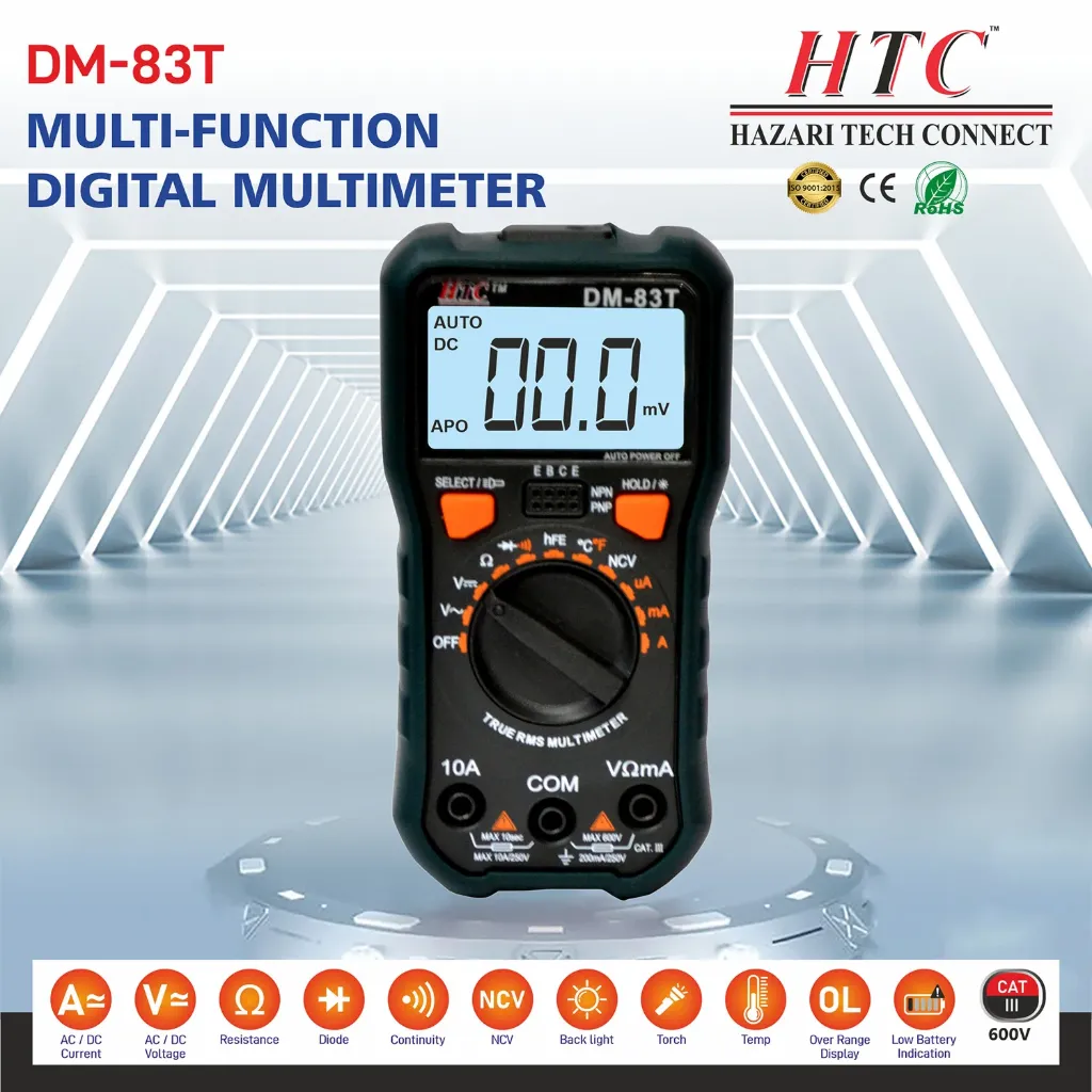 HTC Instruments 600V AC/ DC 10 A AC/DC 3 True RMS Digital Multimeter with Temperature DM-83T